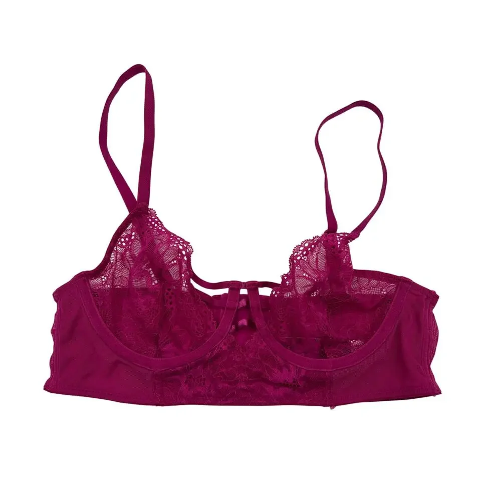 Adore Me Bra Longline Lace Strappy Balconette Underwire Back Closure Pink 32C
